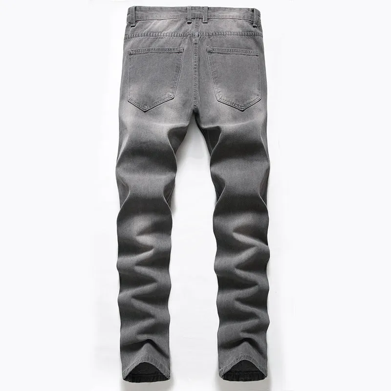Straight Pants Zipper Denim Men's Ripped Jeans Mid Waisted Jeans