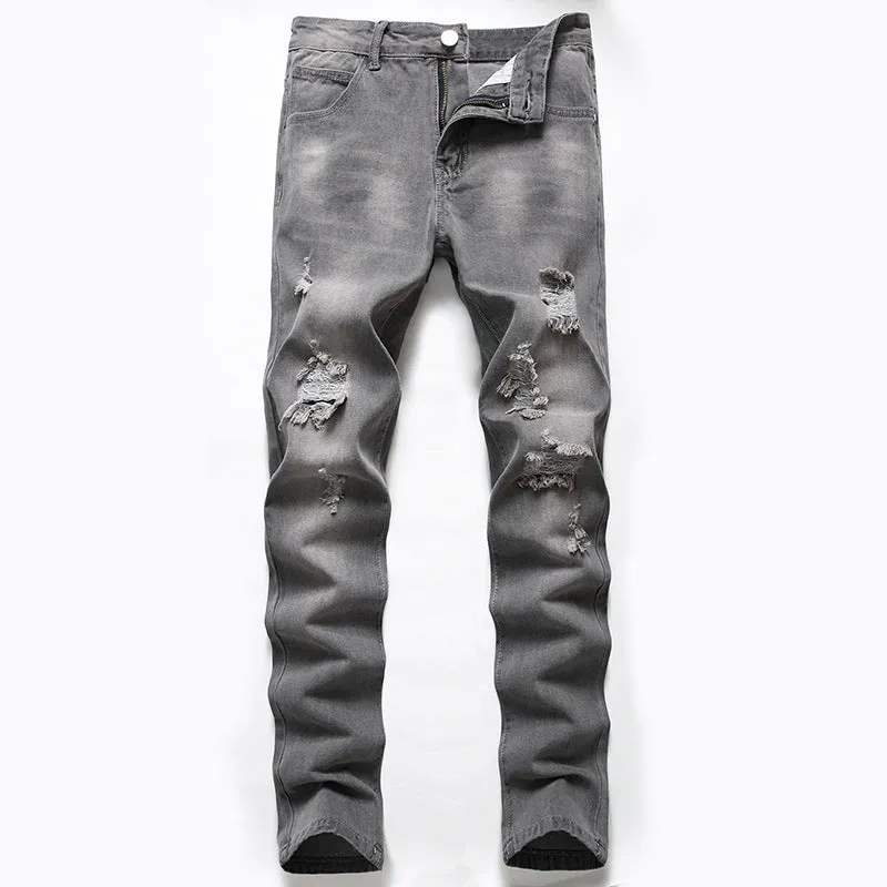 Straight Pants Zipper Denim Men's Ripped Jeans Mid Waisted Jeans