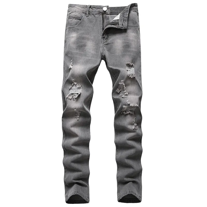Straight Pants Zipper Denim Men's Ripped Jeans Mid Waisted Jeans
