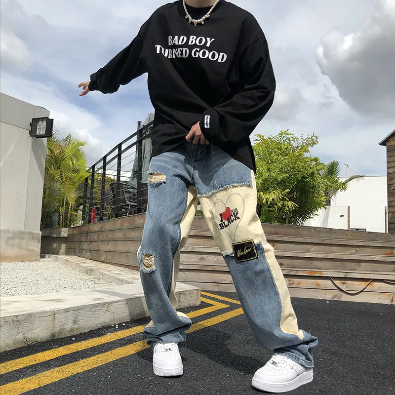 Street Love Patchwork Straight Leg Jeans