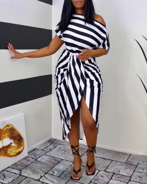 Striped Ruched Slit Casual Dress - Black/White