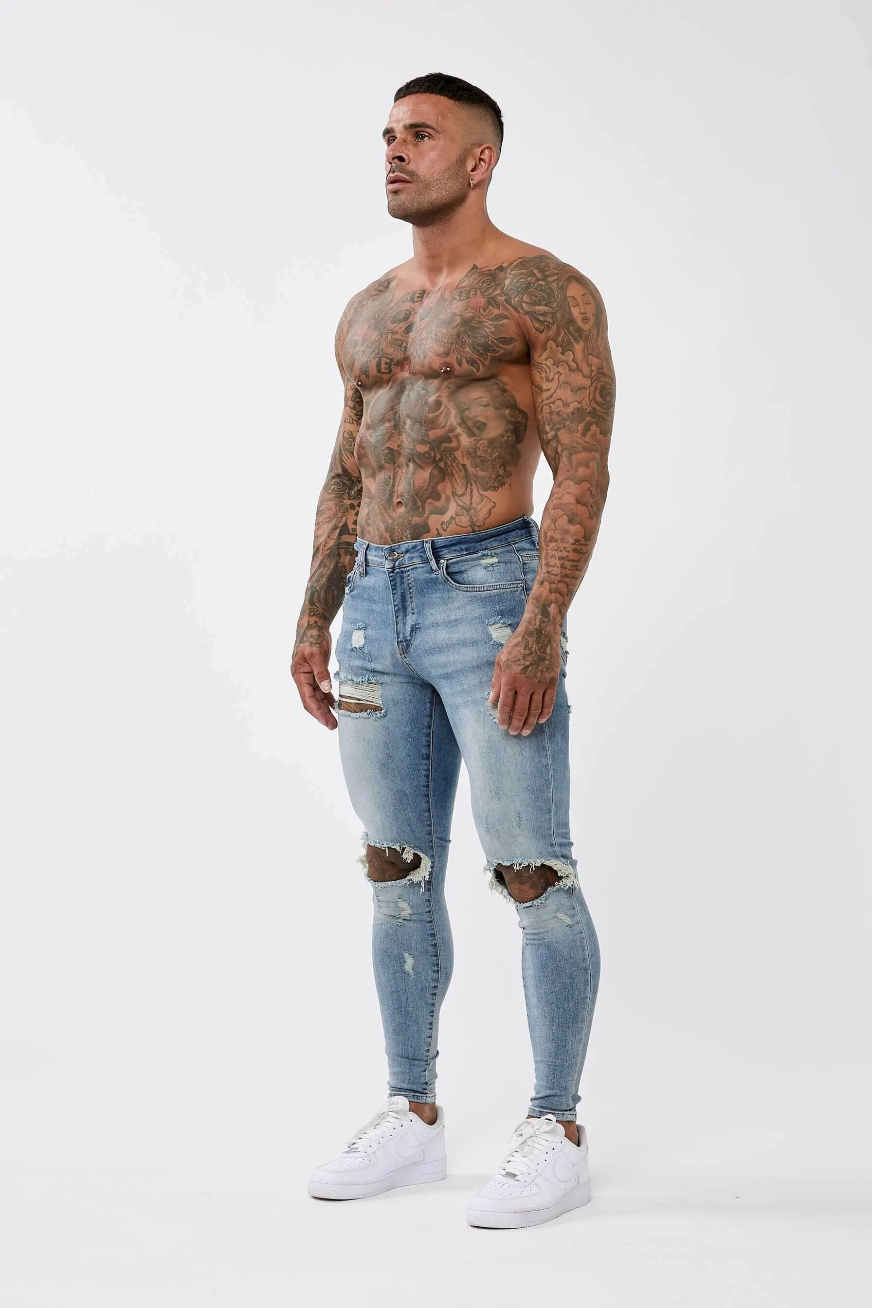 STRONG WASHED DARK BLUE SPRAY ON JEANS - RIPPED & REPAIRED