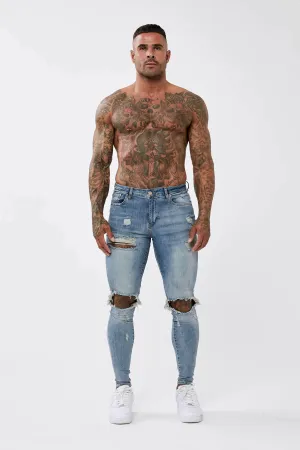 STRONG WASHED DARK BLUE SPRAY ON JEANS - RIPPED & REPAIRED