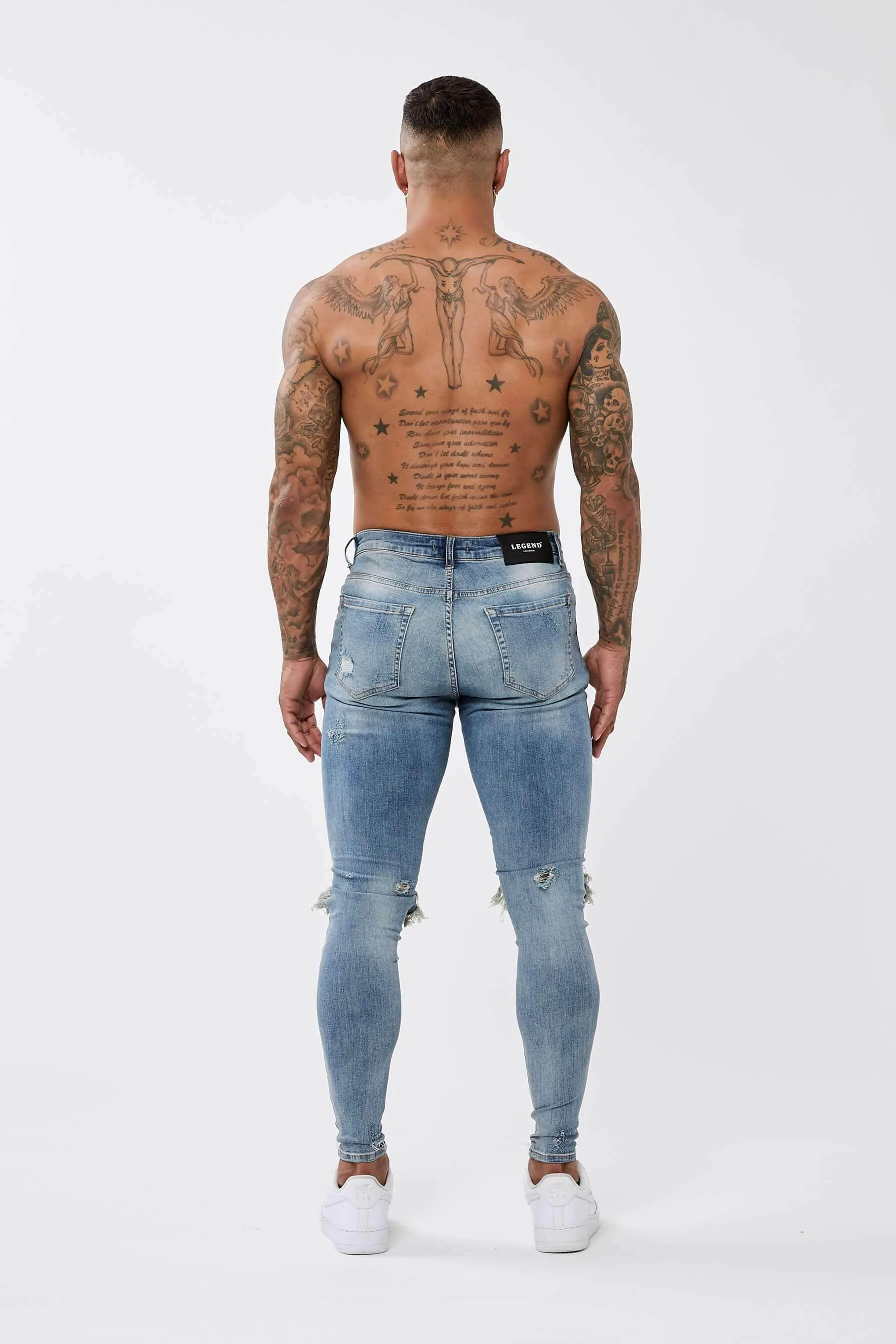 STRONG WASHED DARK BLUE SPRAY ON JEANS - RIPPED & REPAIRED