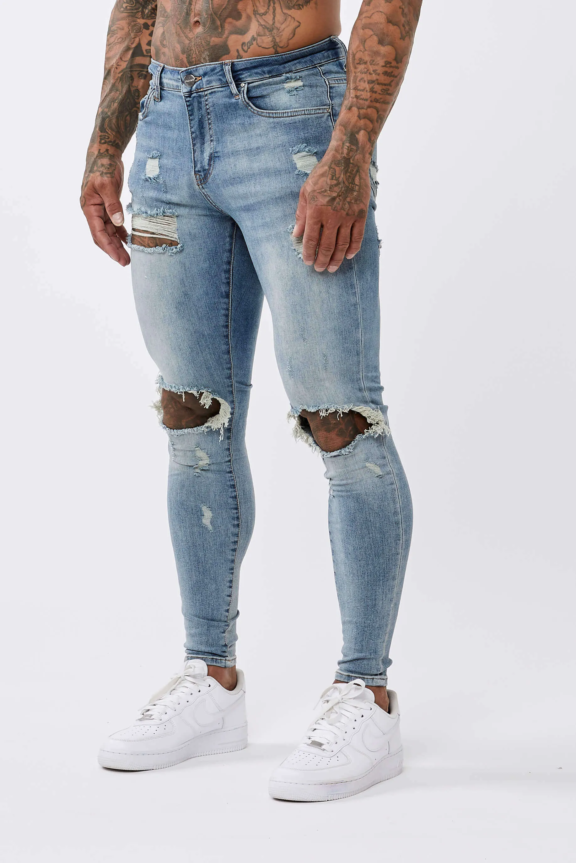 STRONG WASHED DARK BLUE SPRAY ON JEANS - RIPPED & REPAIRED