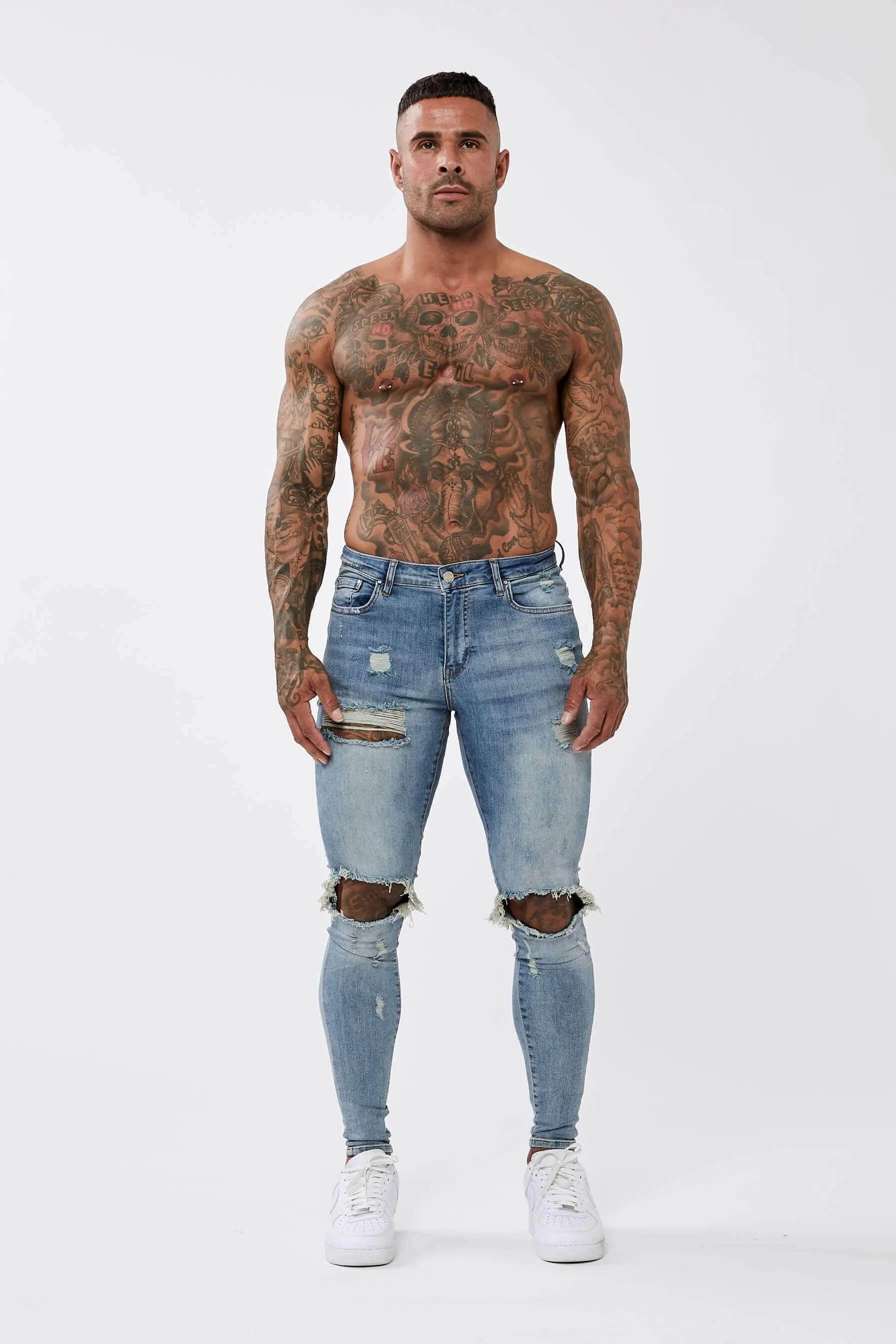 STRONG WASHED DARK BLUE SPRAY ON JEANS - RIPPED & REPAIRED