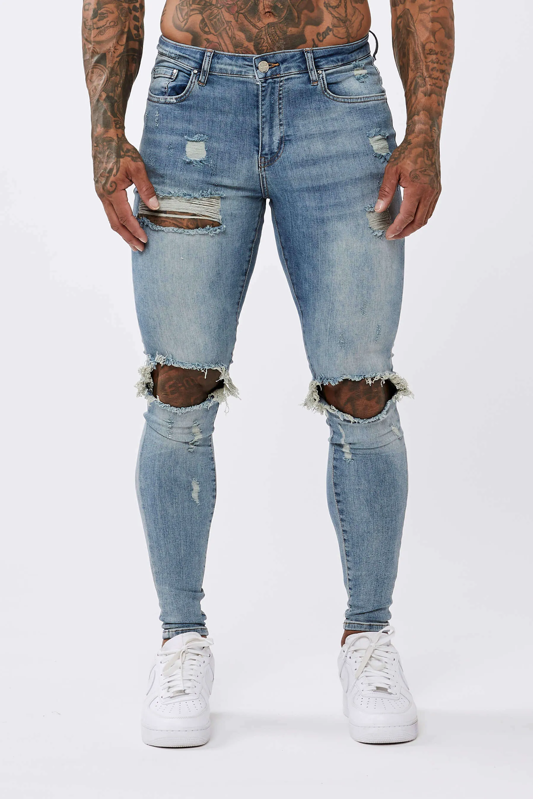 STRONG WASHED DARK BLUE SPRAY ON JEANS - RIPPED & REPAIRED