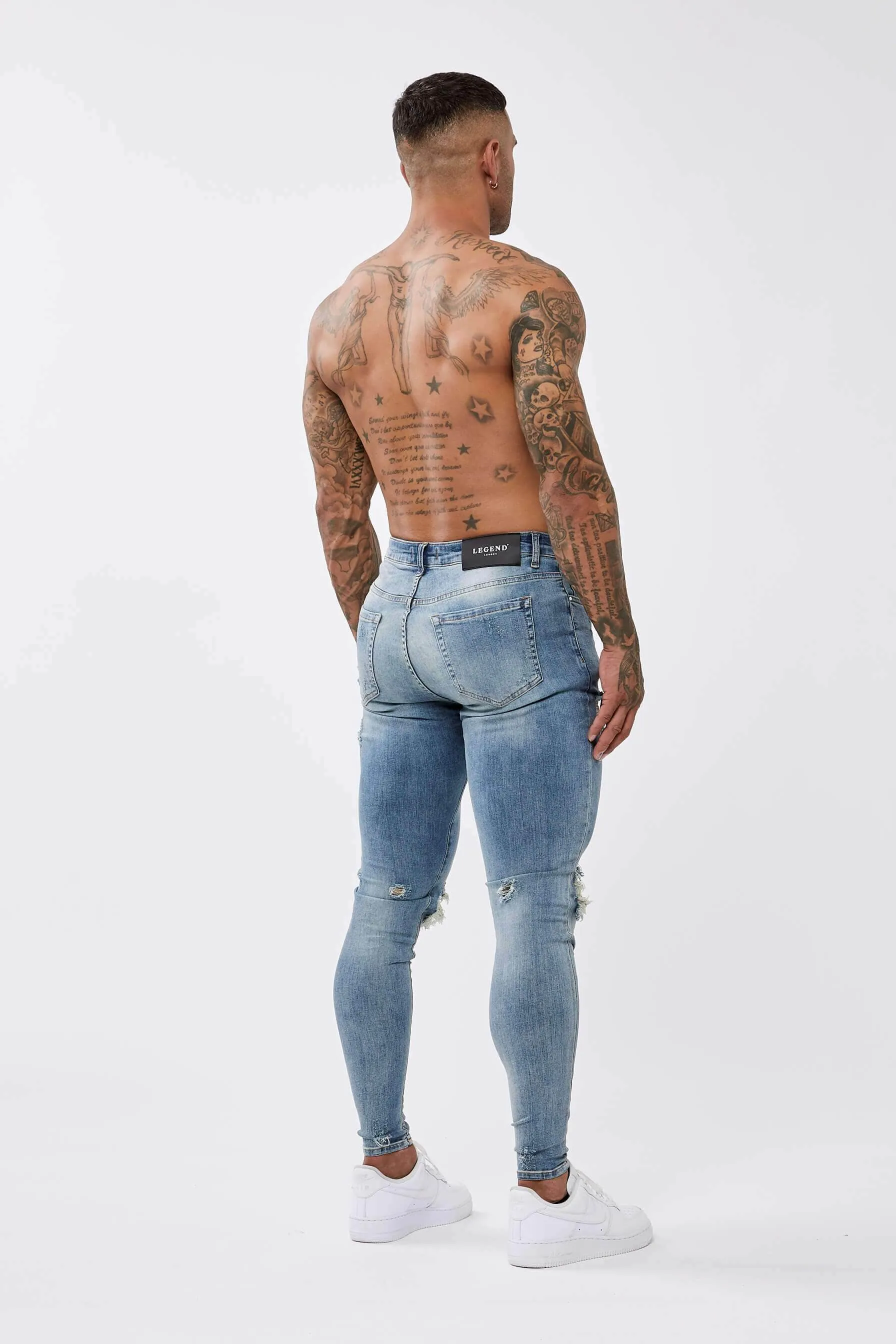 STRONG WASHED DARK BLUE SPRAY ON JEANS - RIPPED & REPAIRED