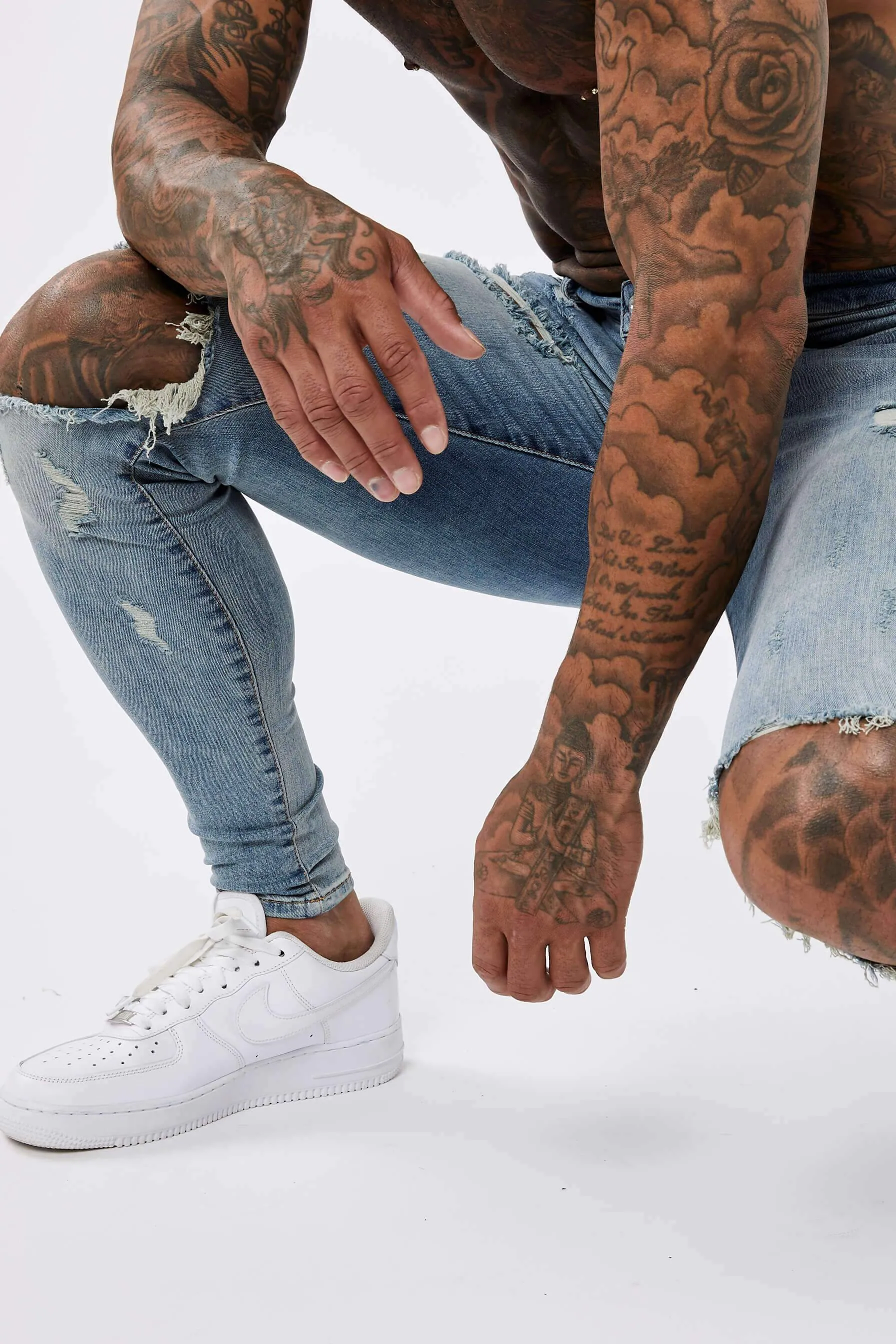 STRONG WASHED DARK BLUE SPRAY ON JEANS - RIPPED & REPAIRED