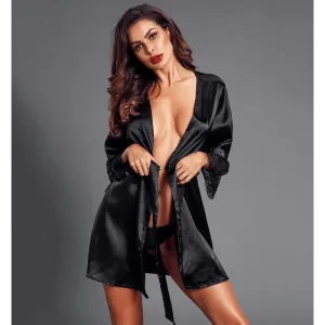Stylish Black Satin Silk Short Bathrobes For Women Classic Lace On Sleeves Sleepwear Vintage Women's Sleewear