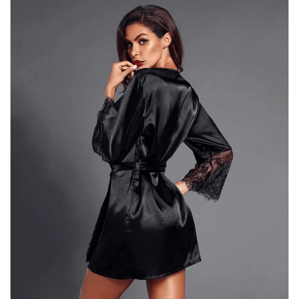 Stylish Black Satin Silk Short Bathrobes For Women Classic Lace On Sleeves Sleepwear Vintage Women's Sleewear