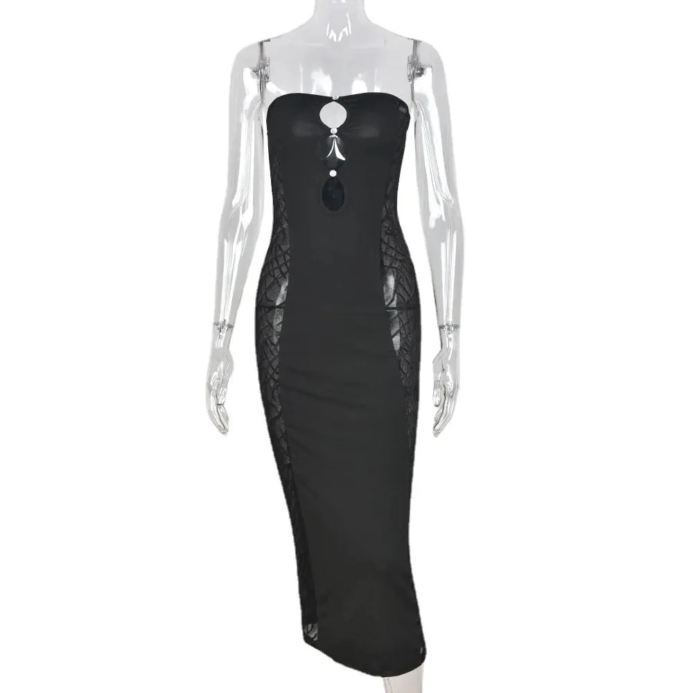 Summer Puss Sexy Bag Hip Hollowed-out One-shoulder Club Traf Midi Dresses