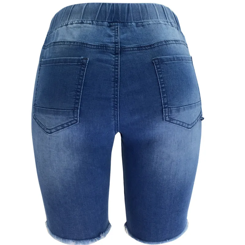 Summer Women's Ripped Mid Waist Stretchy Denim Bermuda Shorts