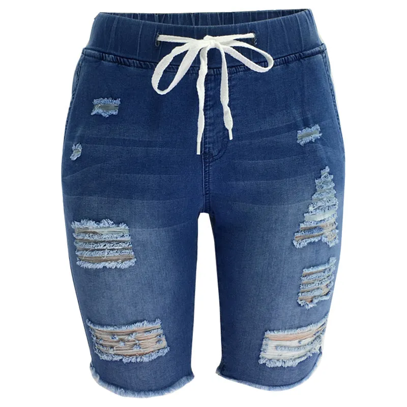 Summer Women's Ripped Mid Waist Stretchy Denim Bermuda Shorts
