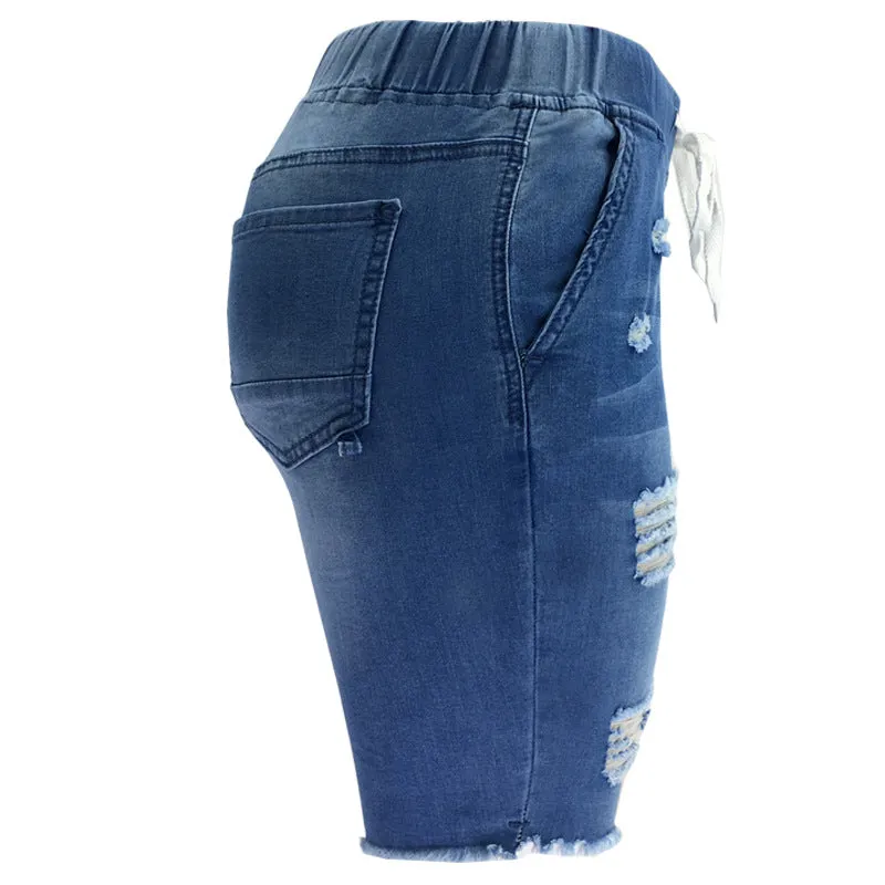 Summer Women's Ripped Mid Waist Stretchy Denim Bermuda Shorts