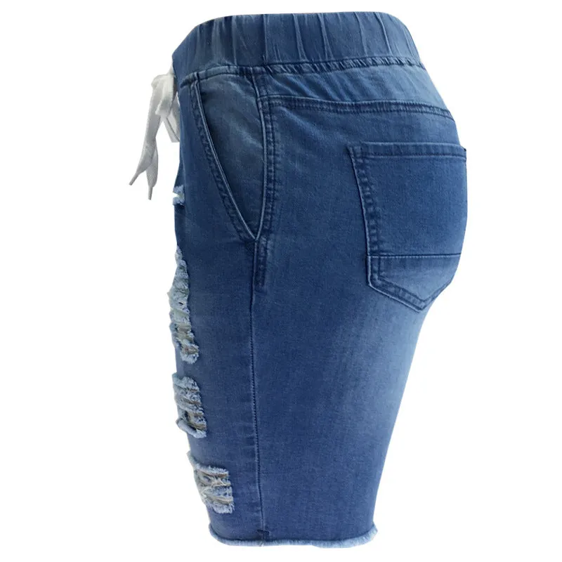 Summer Women's Ripped Mid Waist Stretchy Denim Bermuda Shorts