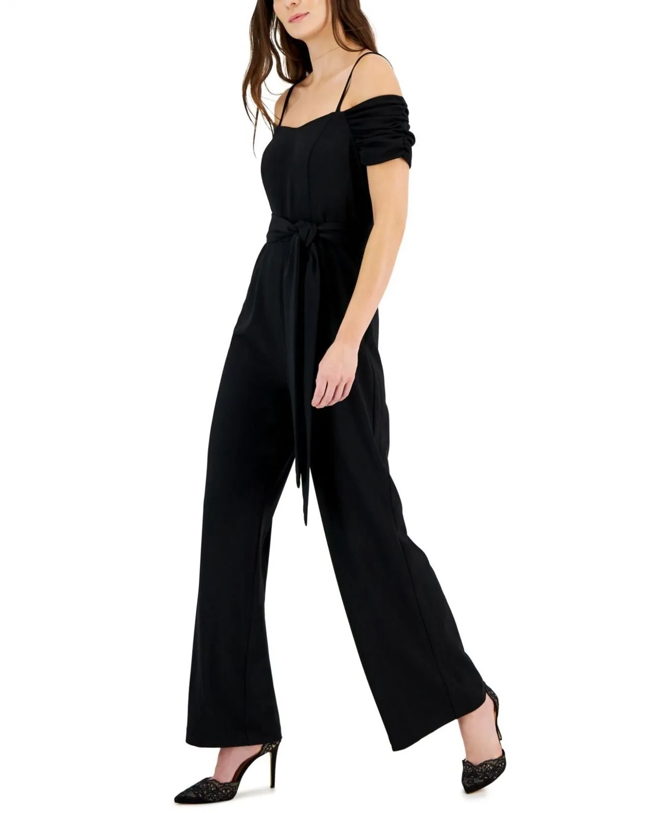 Tahari Asl Women's Off-The-Shoulder Wide-Leg Crepe Jumpsuit 2AM532-T2 Black 14