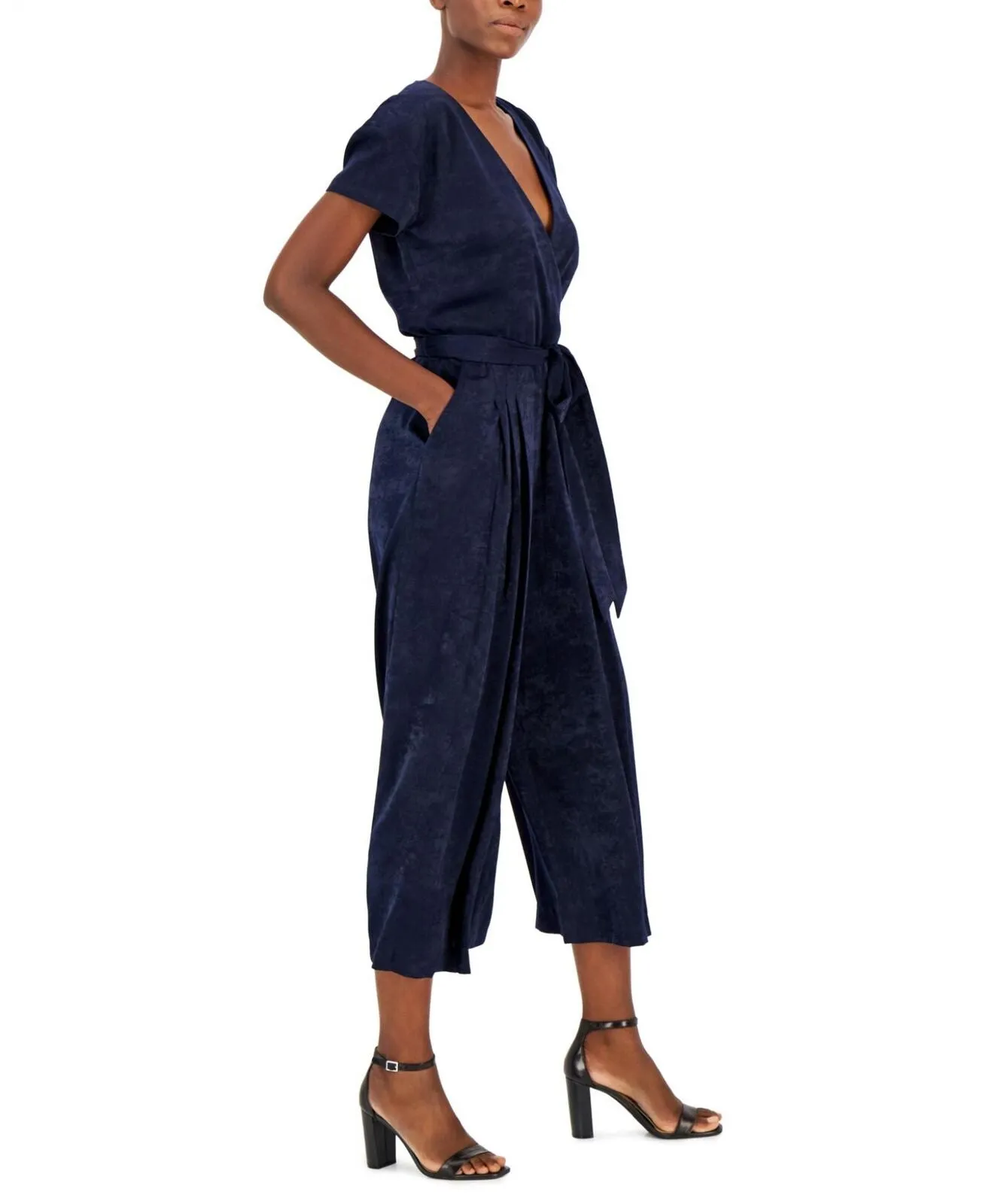 Tahari Asl Womens V-Neck Self-Tie Jumpsuit 2AM527-T2 Navy Blue 14