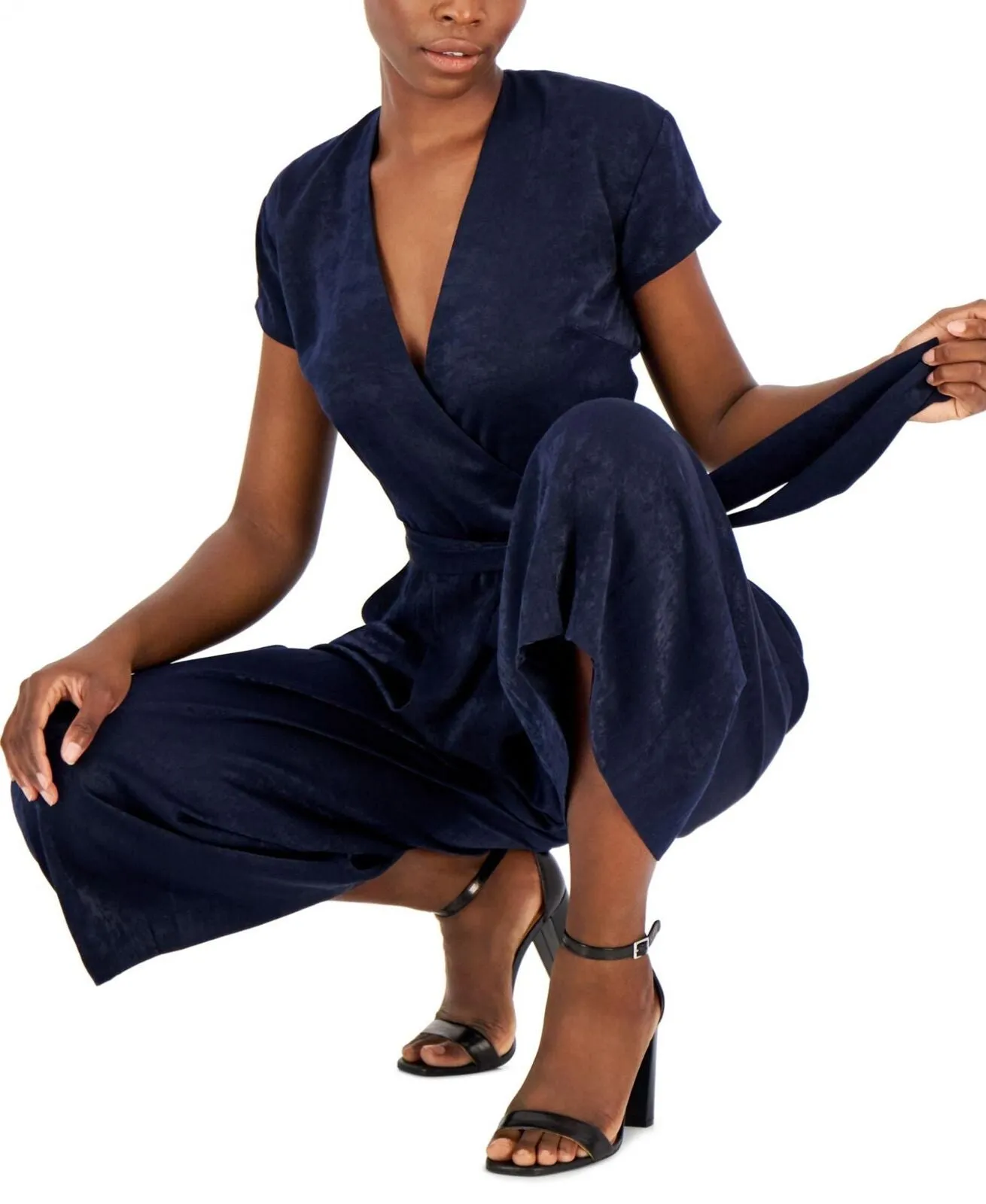 Tahari Asl Womens V-Neck Self-Tie Jumpsuit 2AM527-T2 Navy Blue 14