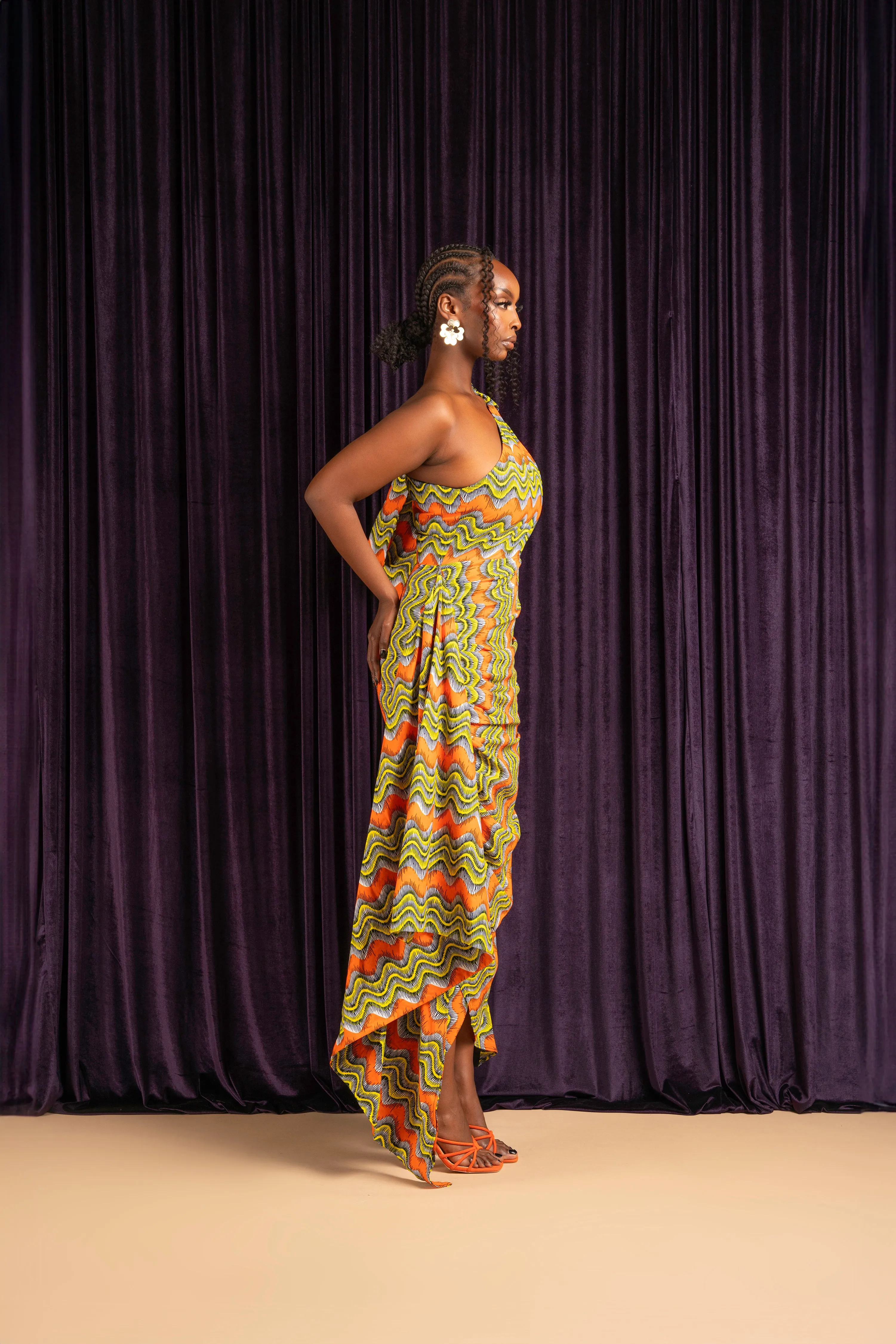 TANI African Print One Sleeve Drape Maxi Dress