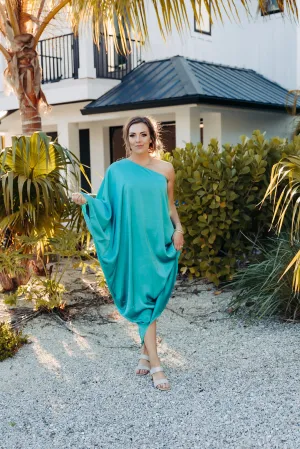 Teal Satin Drape One Shoulder Maxi