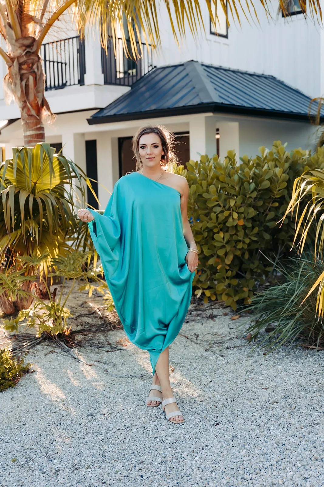 Teal Satin Drape One Shoulder Maxi