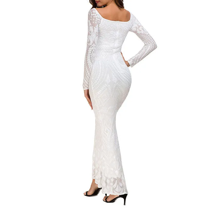 Temperament Sequined Lace Fishtail Dress Party Evening Dress