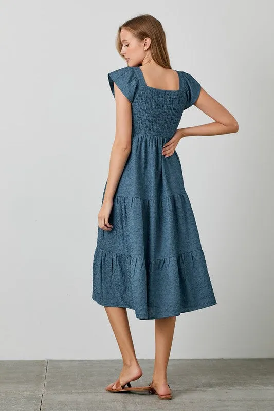TEXTURED WOVEN RUCHED BODICE TIERED MIDI