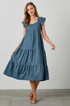 TEXTURED WOVEN RUCHED BODICE TIERED MIDI