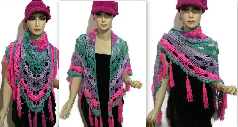 THE PINK ASTER SHAWL, handmade crochet shawl, variegated acrylic yarn, handmade wrap