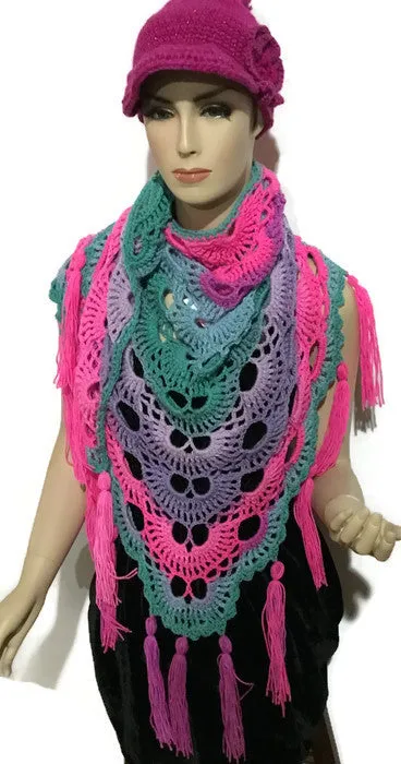 THE PINK ASTER SHAWL, handmade crochet shawl, variegated acrylic yarn, handmade wrap