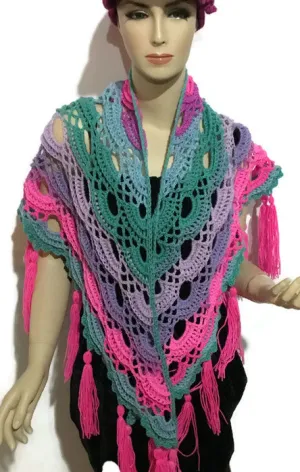 THE PINK ASTER SHAWL, handmade crochet shawl, variegated acrylic yarn, handmade wrap