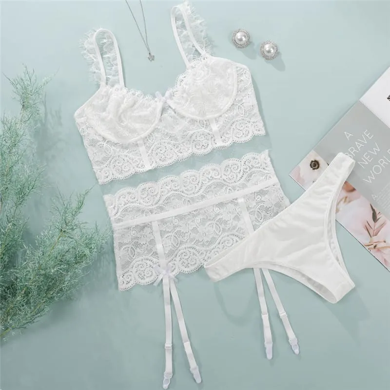 Three-Piece Lace Garter Lingerie Set