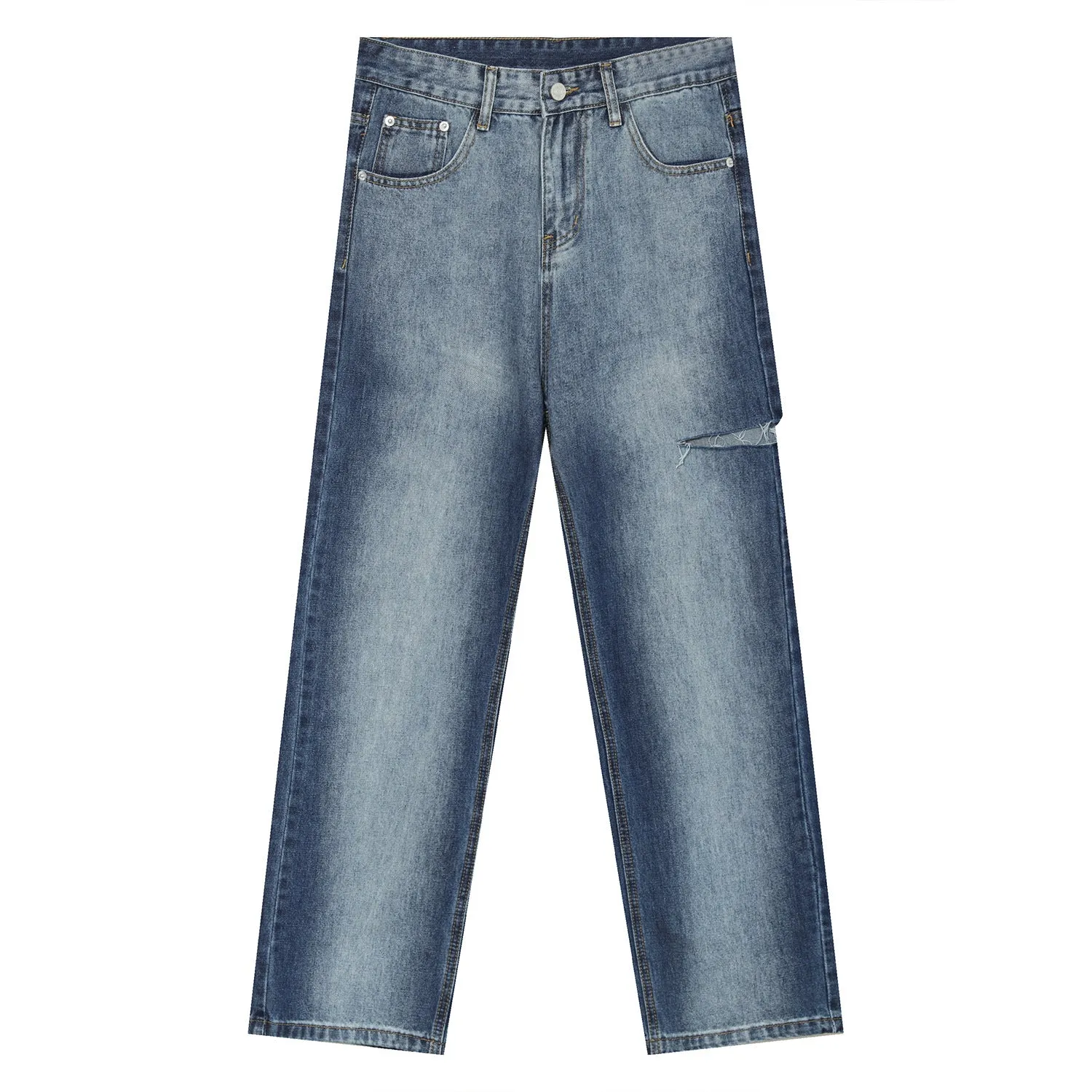 Tie-dye gradient denim jeans with ripped sides