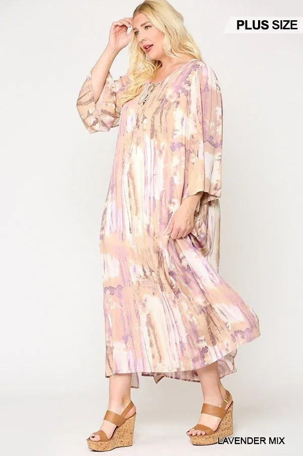 Tie Dye Multi Color Printed Maxi Dress With Lace Up