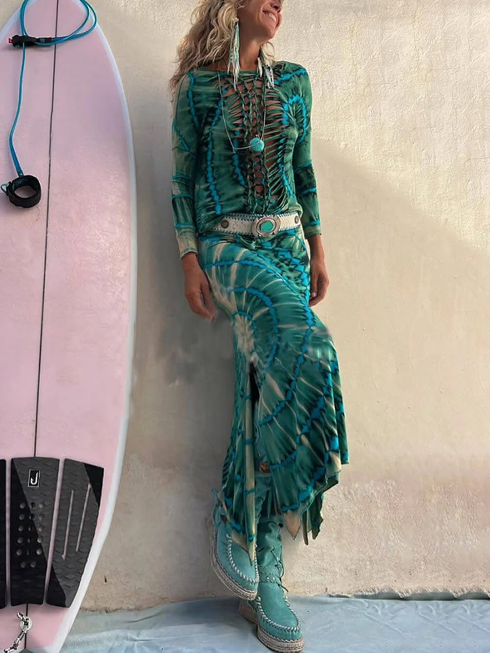 Tie-Dye Print High Charming Rise Stretch Slit Skirt