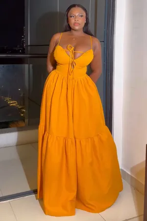 Tied Up V Neck Gathered Hem Vacation Slip Maxi Dresses-Orange [Pre Order]