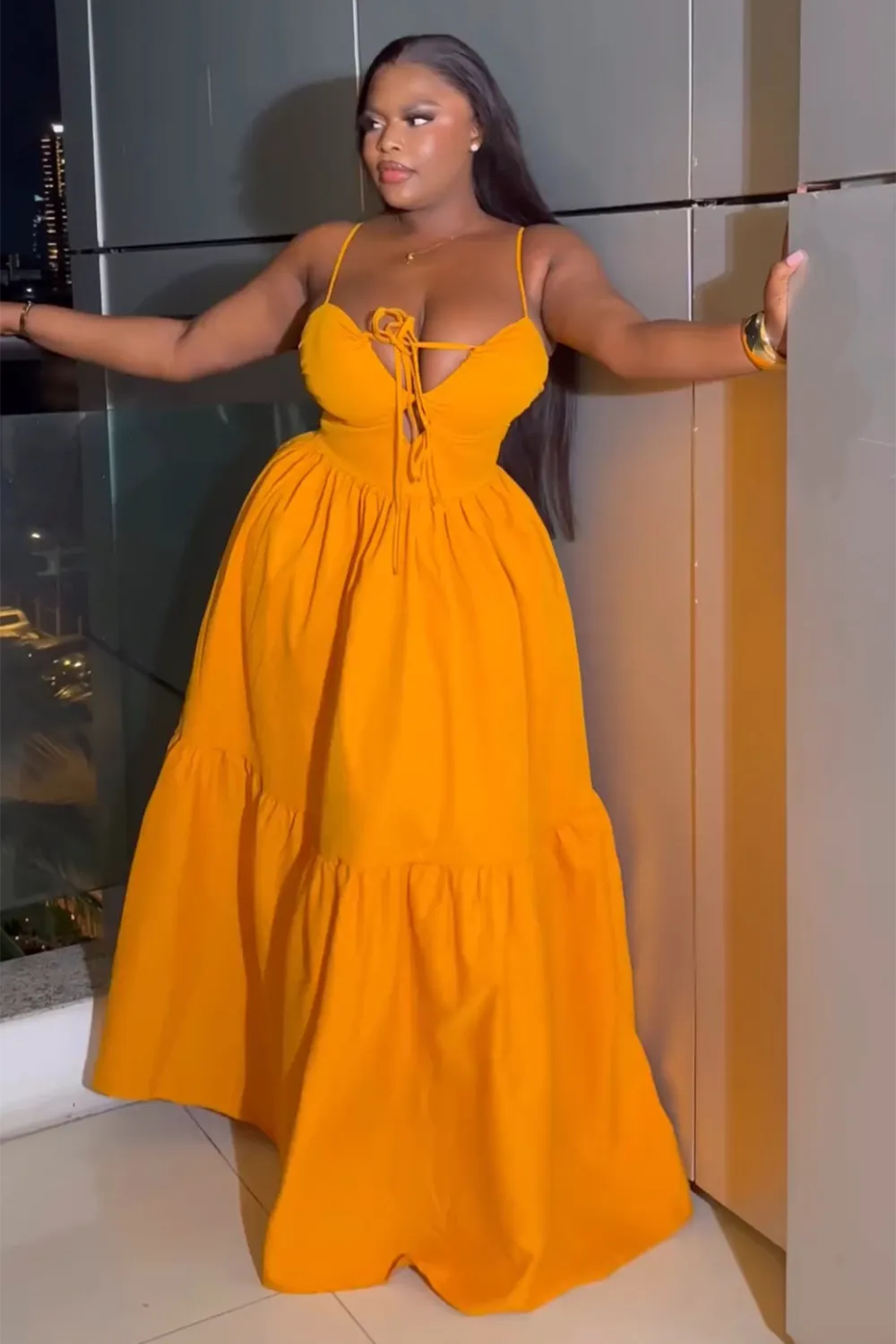 Tied Up V Neck Gathered Hem Vacation Slip Maxi Dresses-Orange [Pre Order]