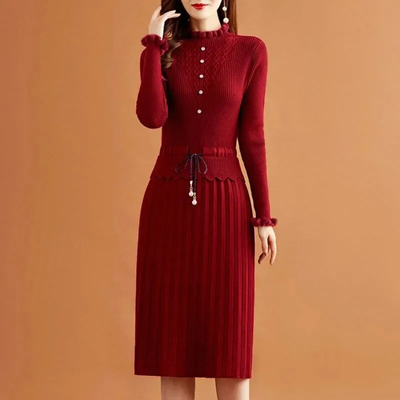 Two Pieces Pleated Knitted Dress Women Vintage Elegant Bottoming Sweater Dresses Slim Long Sleeve Fall Winter Midi Vestidos