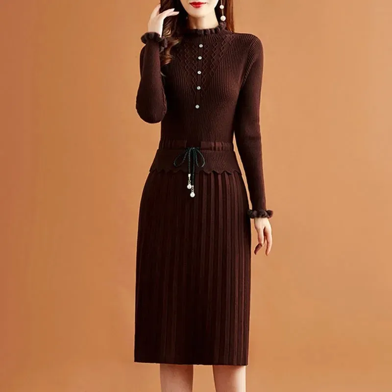 Two Pieces Pleated Knitted Dress Women Vintage Elegant Bottoming Sweater Dresses Slim Long Sleeve Fall Winter Midi Vestidos