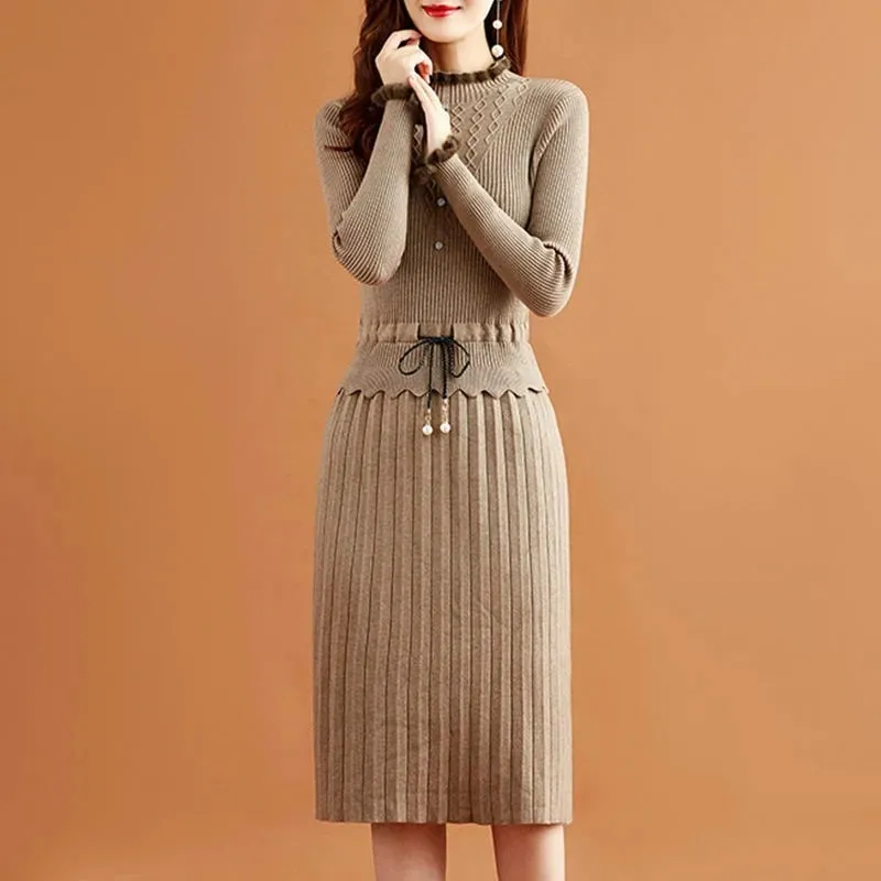 Two Pieces Pleated Knitted Dress Women Vintage Elegant Bottoming Sweater Dresses Slim Long Sleeve Fall Winter Midi Vestidos