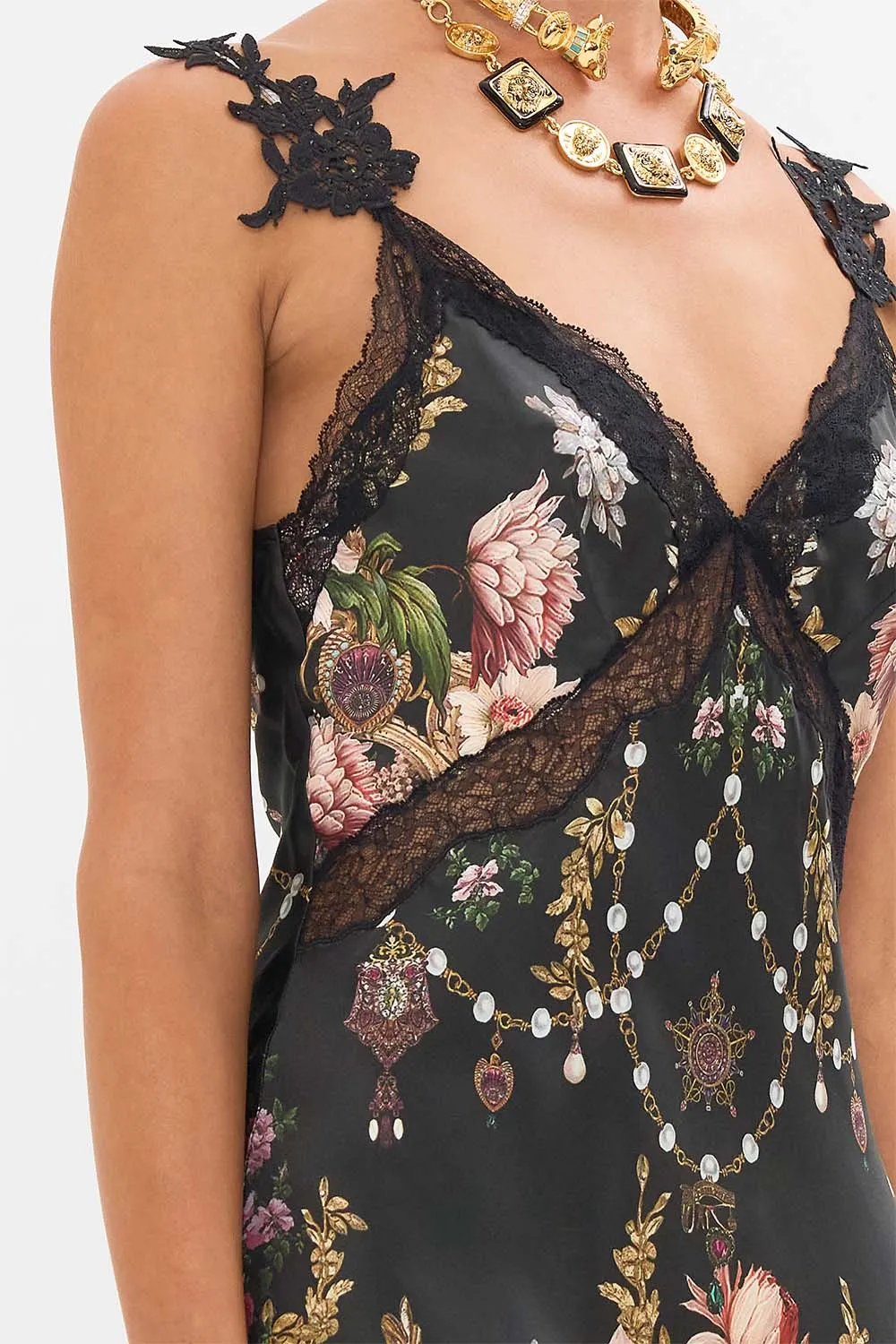 V Neck Full Length Bias Slip Dress in Dynasty Daze