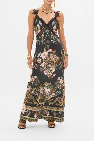 V Neck Full Length Bias Slip Dress in Dynasty Daze
