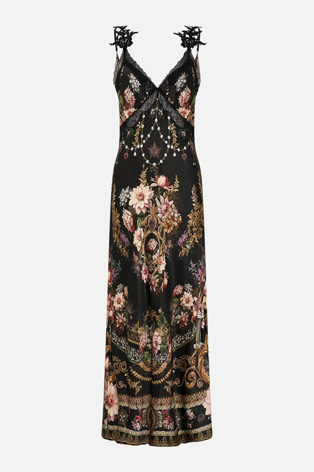 V Neck Full Length Bias Slip Dress in Dynasty Daze