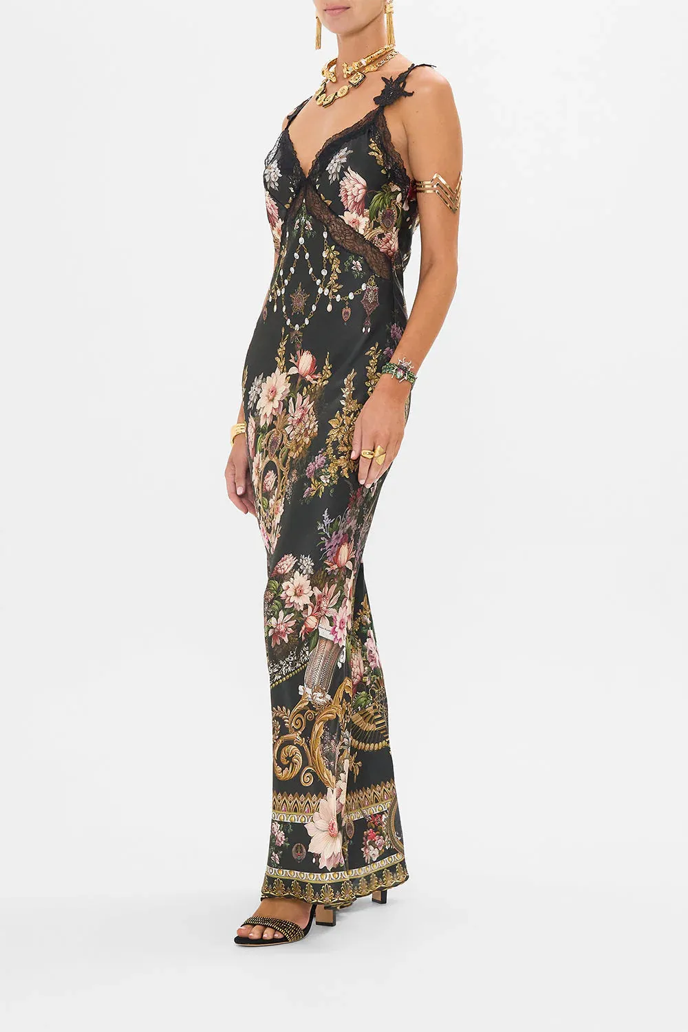 V Neck Full Length Bias Slip Dress in Dynasty Daze