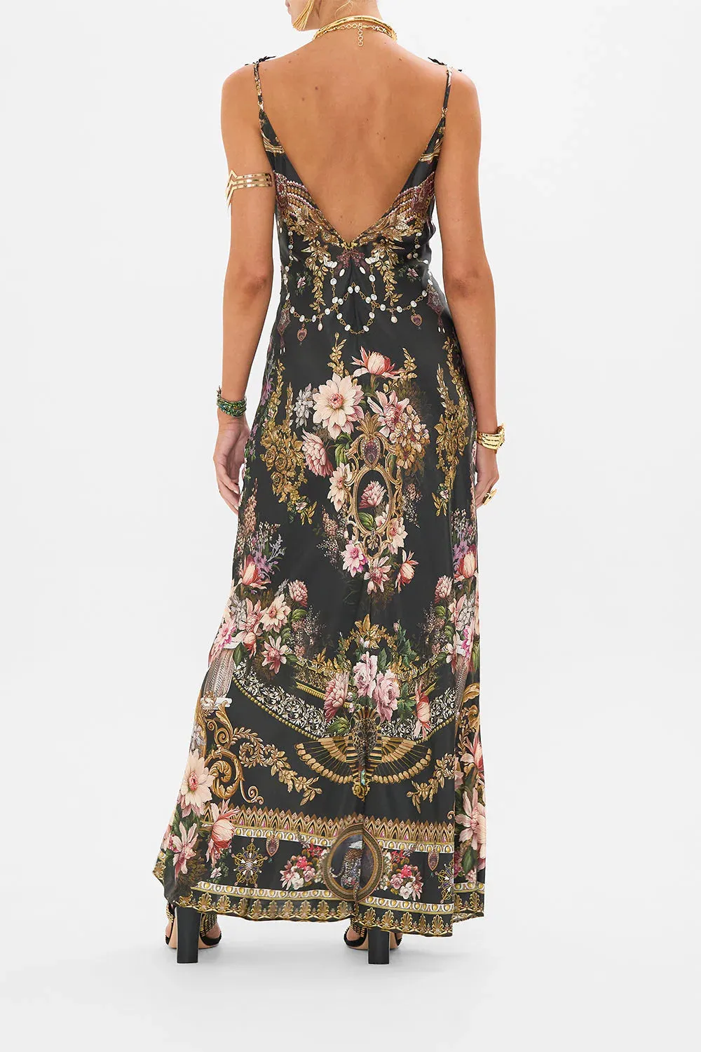 V Neck Full Length Bias Slip Dress in Dynasty Daze