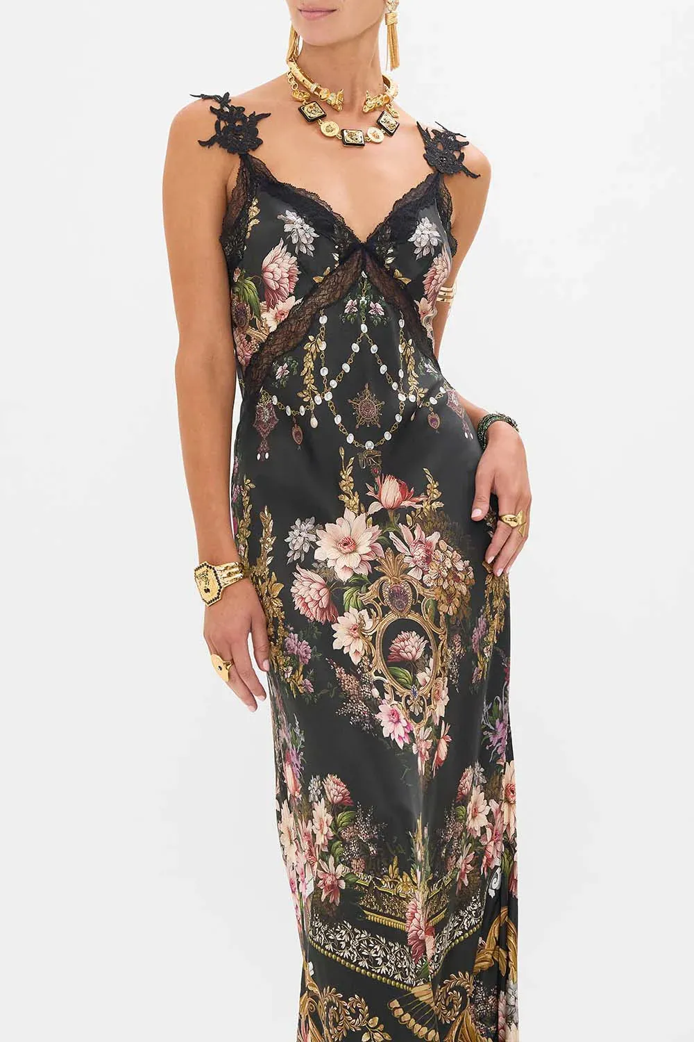V Neck Full Length Bias Slip Dress in Dynasty Daze