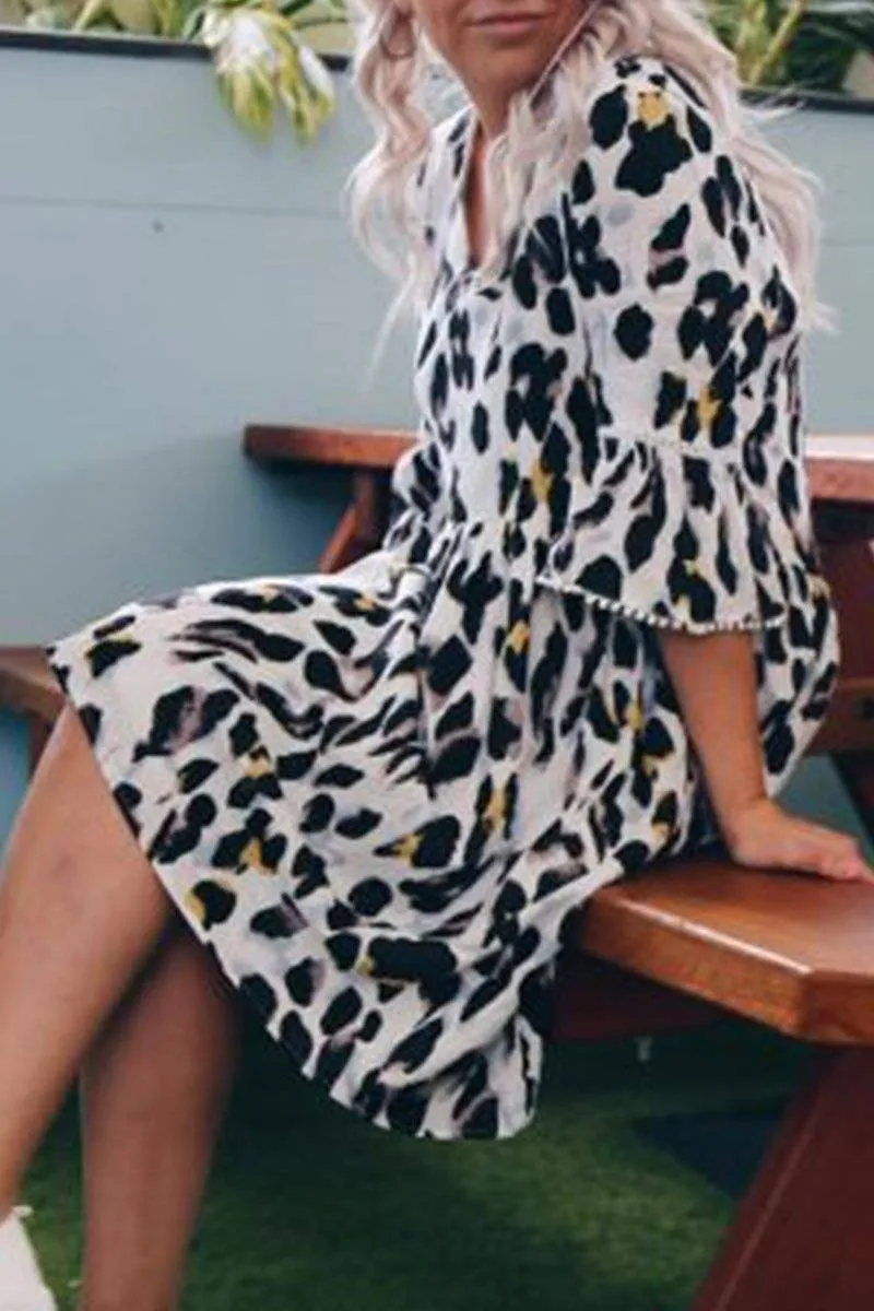 V Neck Leopard Printed Knee Length A Line Dress