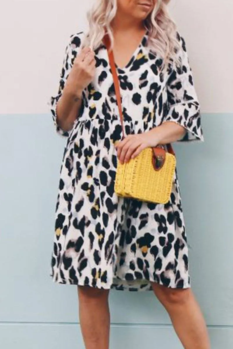 V Neck Leopard Printed Knee Length A Line Dress