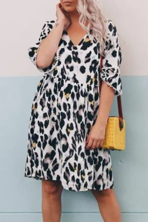 V Neck Leopard Printed Knee Length A Line Dress